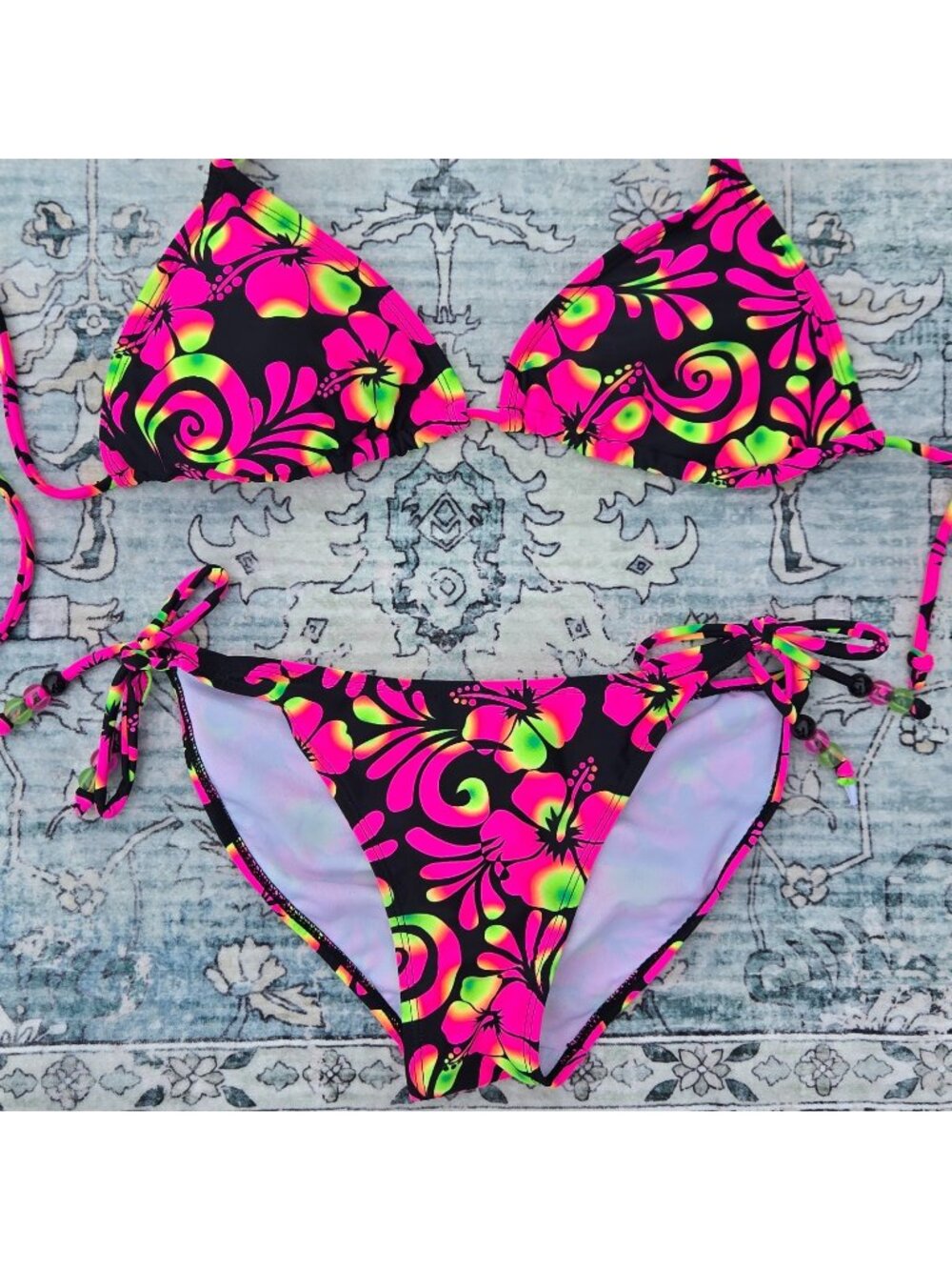 Y2K Colorful Neon Floral String Bikini Size L Top S Bottoms Black Pink Beaded